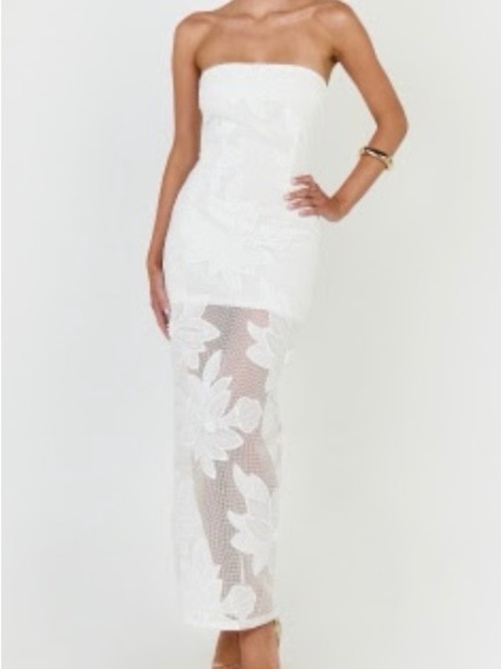 Showpo Sienna Strapless White Embroidered Midi Dress